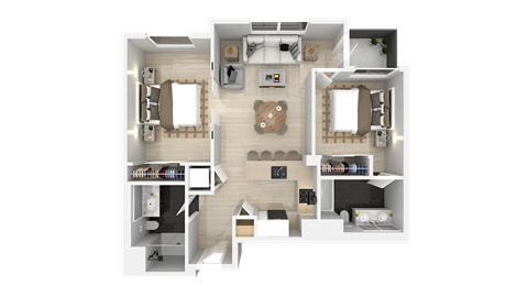 A 3D rendered image of a house layout with two bedrooms, a living room, a kitchen, a bathroom, and a hallway.